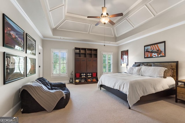 13037 Overlook Pass, Roswell, GA 30075 - bedroom featuring coffered ceiling, carpet flooring, ornamental molding, and ceiling fan