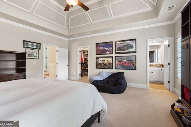 13037 Overlook Pass, Roswell, GA 30075 - bedroom with light carpet, a walk in closet, baseboards, ornamental molding, and ensuite bath