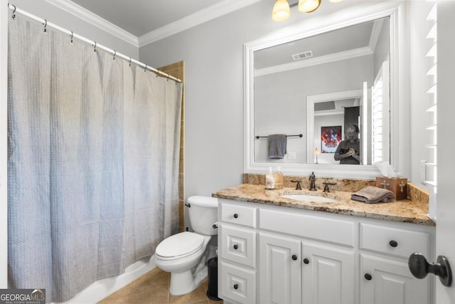 13037 Overlook Pass, Roswell, GA 30075 - bathroom featuring vanity, toilet, crown molding, tile patterned floors, and a shower with shower curtain