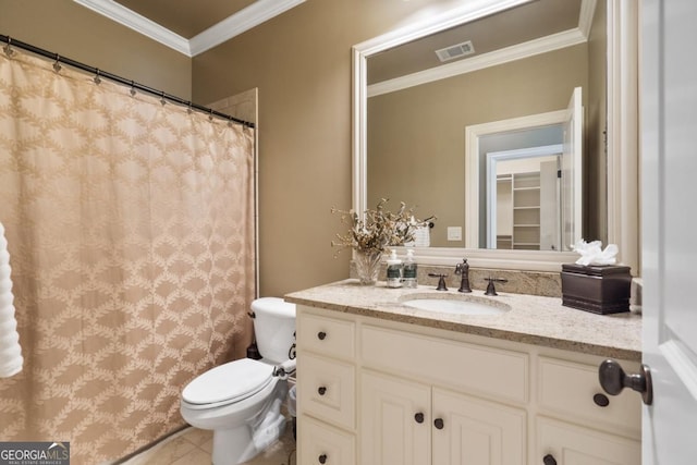 13037 Overlook Pass, Roswell, GA 30075 - full bathroom with vanity, toilet, ornamental molding, tile patterned flooring, and a shower with curtain