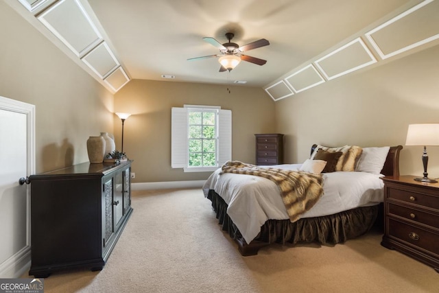 13037 Overlook Pass, Roswell, GA 30075 - bedroom with vaulted ceiling, light colored carpet, a ceiling fan, and baseboards