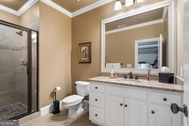 13037 Overlook Pass, Roswell, GA 30075 - ensuite bathroom with toilet, vanity, a shower stall, baseboards, and crown molding