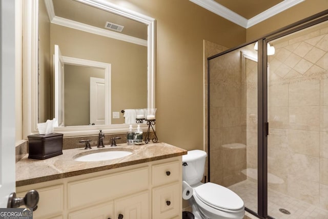 13037 Overlook Pass, Roswell, GA 30075 - full bath with toilet, vanity, ornamental molding, and a stall shower