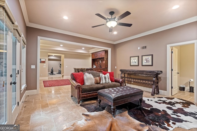 13037 Overlook Pass, Roswell, GA 30075 - living area featuring stone tile flooring, ornamental molding, a ceiling fan, french doors, and baseboards