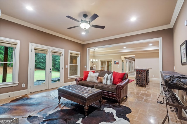13037 Overlook Pass, Roswell, GA 30075 - living room featuring stone tile floors, crown molding, a ceiling fan, baseboards, and recessed lighting