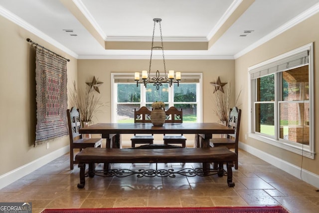 13037 Overlook Pass, Roswell, GA 30075 - dining area featuring a tray ceiling, plenty of natural light, a chandelier, and ornamental molding