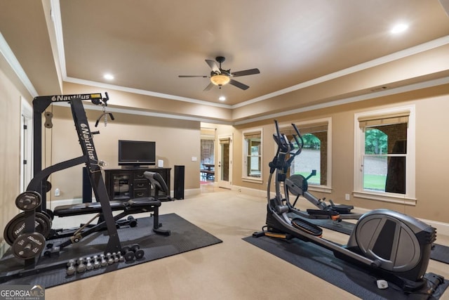 13037 Overlook Pass, Roswell, GA 30075 - exercise area featuring a ceiling fan, baseboards, ornamental molding, carpet floors, and recessed lighting