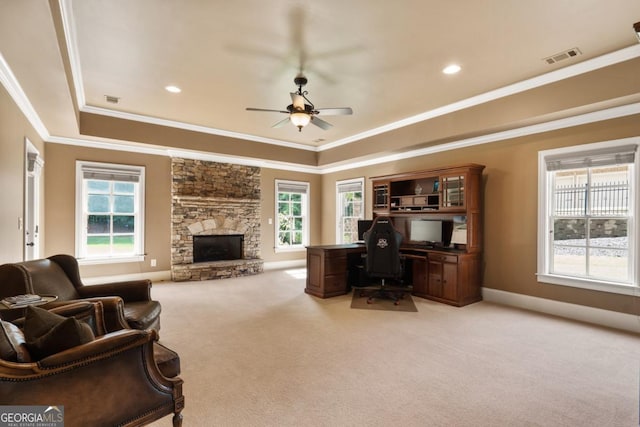13037 Overlook Pass, Roswell, GA 30075 - carpeted home office featuring a tray ceiling, ceiling fan, ornamental molding, a fireplace, and baseboards