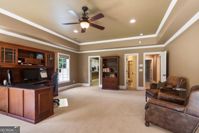 13037 Overlook Pass, Roswell, GA 30075 - home office with light colored carpet, a ceiling fan, ornamental molding, baseboards, and recessed lighting
