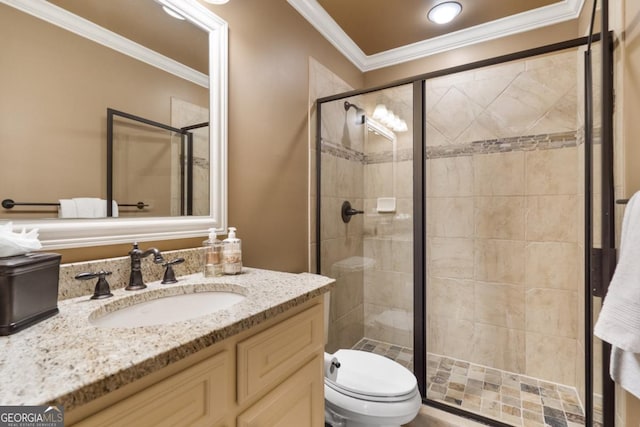 13037 Overlook Pass, Roswell, GA 30075 - bathroom with vanity, toilet, a shower stall, and crown molding