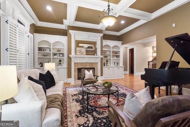 13037 Overlook Pass, Roswell, GA 30075 - living area with light wood-style flooring, crown molding, coffered ceiling, a fireplace, and beamed ceiling