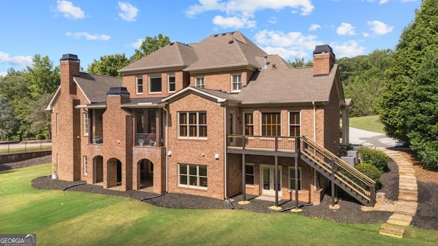 13037 Overlook Pass, Roswell, GA 30075 - back of house featuring a chimney, brick siding, a lawn, stairs, and a deck