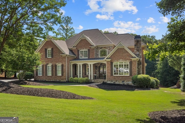 13037 Overlook Pass, Roswell, GA 30075 - colonial-style house featuring a front yard, covered porch, a chimney, and brick siding