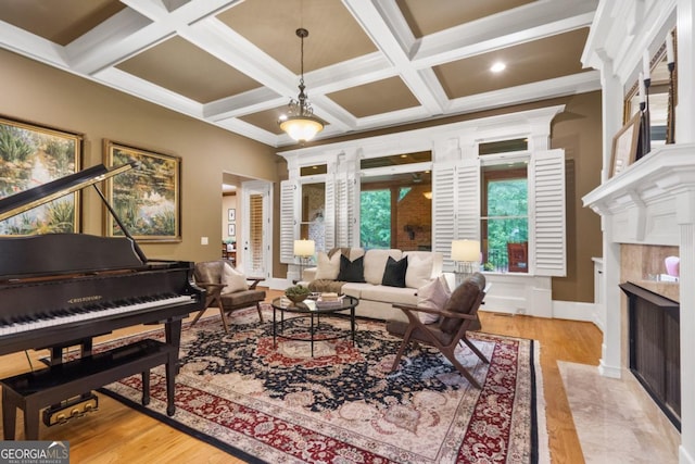 13037 Overlook Pass, Roswell, GA 30075 - living room with coffered ceiling, light wood-type flooring, a fireplace, and beamed ceiling