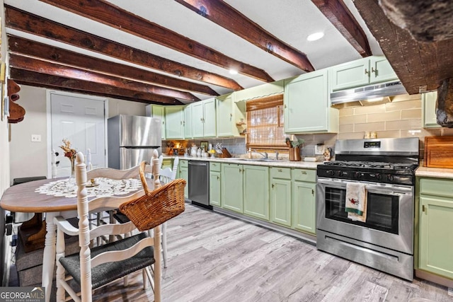 251 Lang St, Griffin, GA 30223 - kitchen featuring green cabinets, appliances with stainless steel finishes, under cabinet range hood, light countertops, and light wood-type flooring