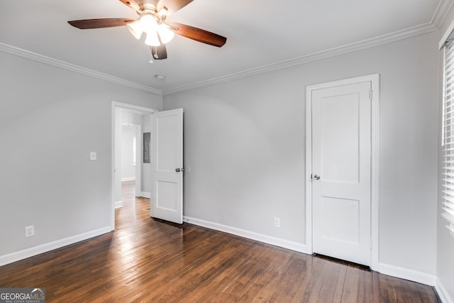 1318 Beecher St SW, Atlanta, GA 30310 - unfurnished bedroom with wood-type flooring, baseboards, crown molding, and ceiling fan
