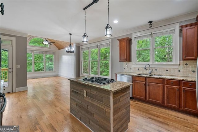 109 Sitting Bull Ct, Waleska, GA 30183 - kitchen featuring stainless steel appliances, a sink, tasteful backsplash, pendant lighting, and light wood-style flooring