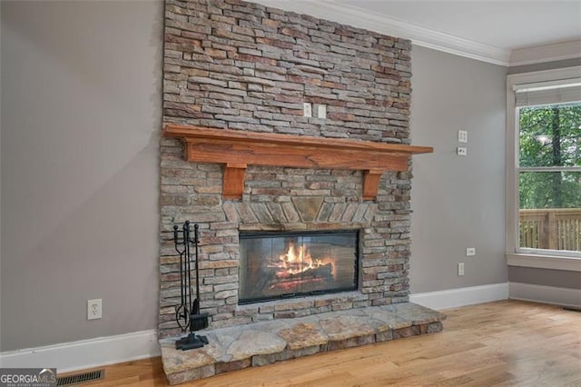 109 Sitting Bull Ct, Waleska, GA 30183 - detailed view of a fireplace, baseboards, wood finished floors, and ornamental molding