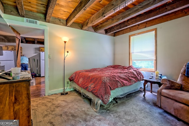 218 Jefferson Pl, Toccoa, GA 30577 - bedroom with freestanding refrigerator, wood ceiling with exposed beams, and carpet floors