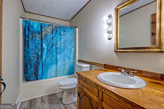 218 Jefferson Pl, Toccoa, GA 30577 - bathroom featuring toilet, vanity, shower / tub combo, and wood finished floors