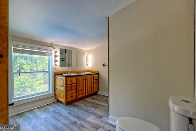 218 Jefferson Pl, Toccoa, GA 30577 - bathroom featuring toilet, double vanity, wood finished floors, and baseboards