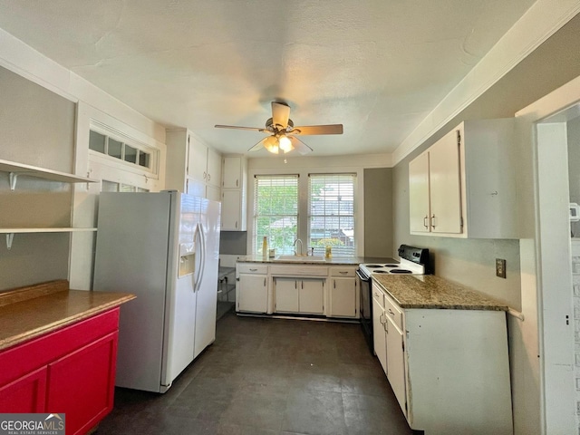 14 J Ave, Gainesville, GA 30504 - kitchen with white appliances, a sink, a ceiling fan, and white cabinetry