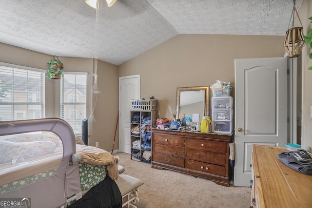 6076 Chupp Way Ln, Lithonia, GA 30038 - bedroom featuring vaulted ceiling, light carpet, and a textured ceiling