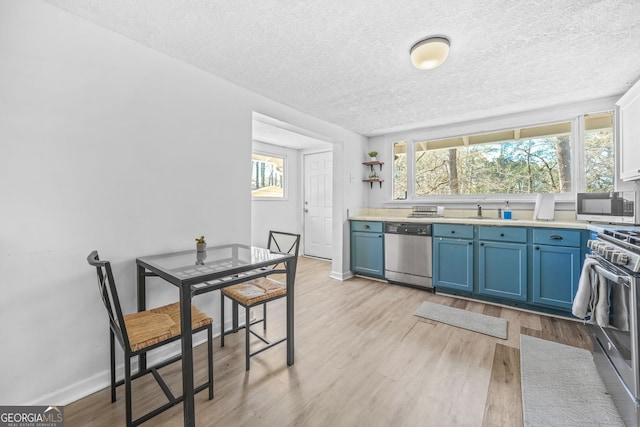 2826 Ben Hill Rd, East Point, GA 30344 - kitchen with appliances with stainless steel finishes, blue cabinets, a textured ceiling, light wood-type flooring, and healthy amount of natural light