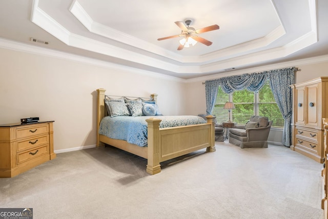 1898 Alcovy Shoals Blf SE, Lawrenceville, GA 30045 - bedroom with a raised ceiling, ornamental molding, light carpet, and a ceiling fan