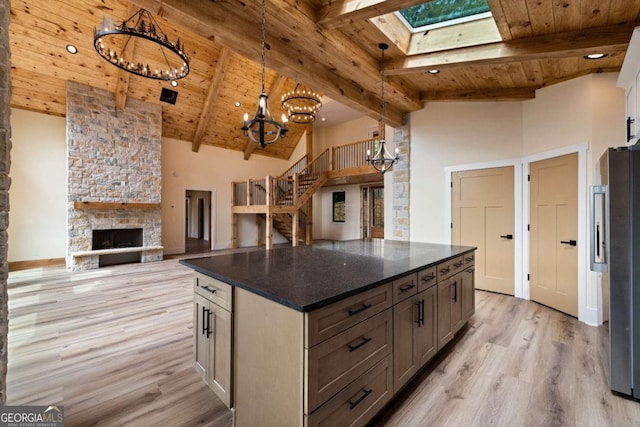 458 Palisade Dr Unit 2142, Ellijay, GA 30540 - kitchen featuring freestanding refrigerator, a chandelier, wooden ceiling with exposed beams, light wood-style flooring, and high vaulted ceiling