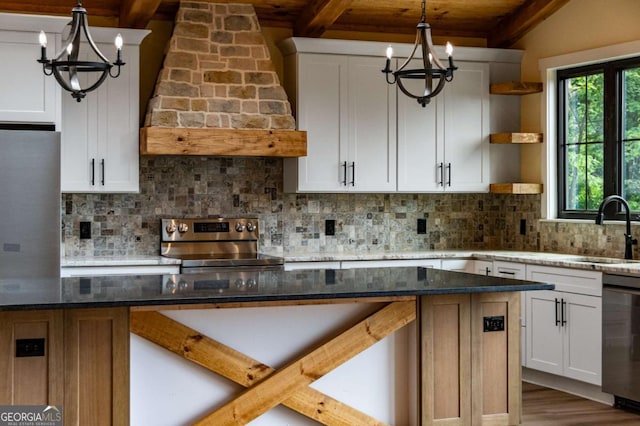 458 Palisade Dr Unit 2142, Ellijay, GA 30540 - kitchen featuring a chandelier, stainless steel appliances, open shelves, wood ceiling with exposed beams, and a sink