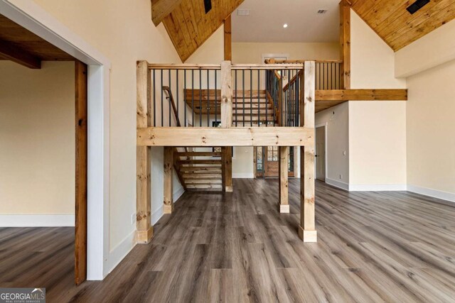 458 Palisade Dr Unit 2142, Ellijay, GA 30540 - staircase featuring wood finished floors, high vaulted ceiling, baseboards, and wooden ceiling