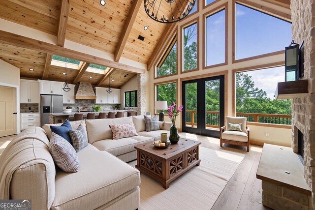 458 Palisade Dr Unit 2142, Ellijay, GA 30540 - living area with wooden ceiling with exposed beams, high vaulted ceiling, light wood finished floors, a stone fireplace, and a skylight