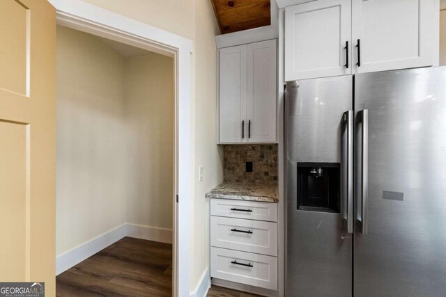 458 Palisade Dr Unit 2142, Ellijay, GA 30540 - kitchen with stainless steel fridge, baseboards, dark wood-style flooring, backsplash, and light stone countertops