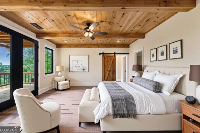 458 Palisade Dr Unit 2142, Ellijay, GA 30540 - bedroom featuring wood ceiling with exposed beams, access to exterior, a barn door, wood finished floors, and baseboards