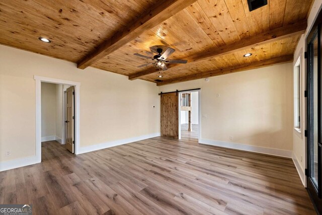 458 Palisade Dr Unit 2142, Ellijay, GA 30540 - empty room with a barn door, wooden ceiling with exposed beams, wood finished floors, baseboards, and ceiling fan
