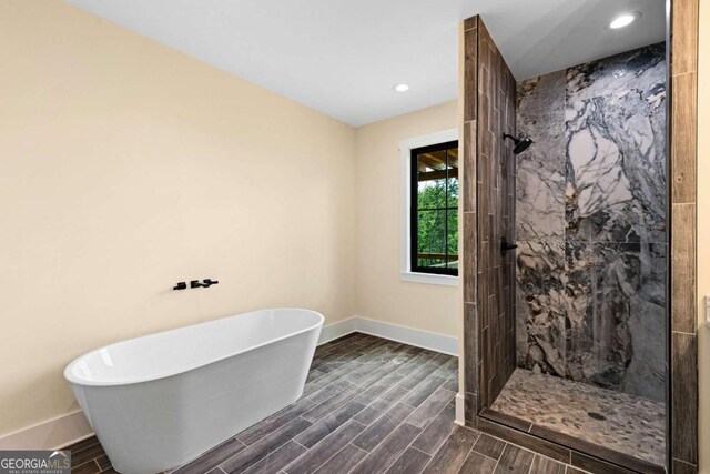 458 Palisade Dr Unit 2142, Ellijay, GA 30540 - full bathroom with a freestanding bath, baseboards, a tile shower, wood finish floors, and recessed lighting