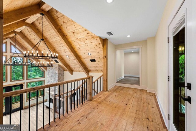 458 Palisade Dr Unit 2142, Ellijay, GA 30540 - corridor featuring wood-type flooring, wood ceiling, an upstairs landing, a chandelier, and recessed lighting