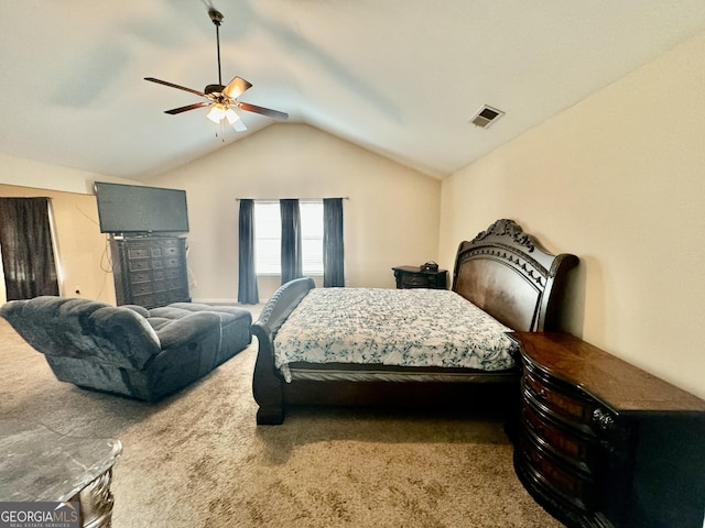 9108 Alden Dr, Locust Grove, GA 30248 - bedroom with carpet flooring, vaulted ceiling, and ceiling fan