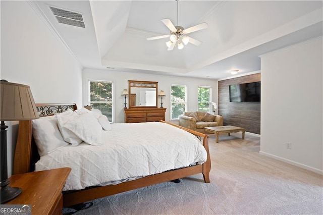 4108 Wyndam Hill Dr, Suwanee, GA 30024 - bedroom with a tray ceiling, light carpet, multiple windows, and a ceiling fan