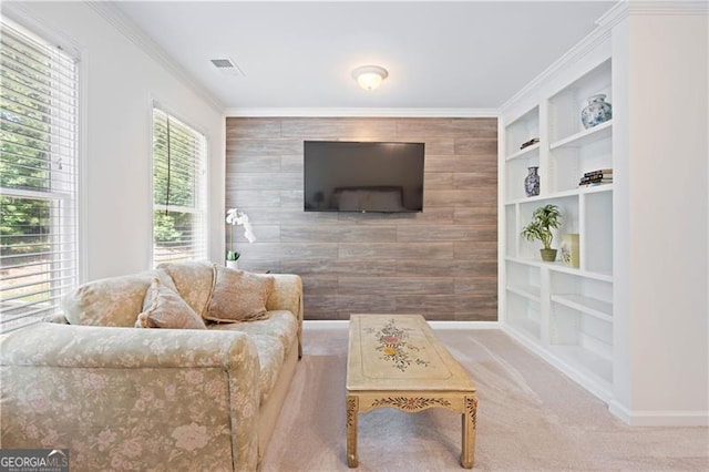 4108 Wyndam Hill Dr, Suwanee, GA 30024 - living area with carpet floors, crown molding, and built in shelves