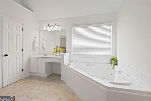 4108 Wyndam Hill Dr, Suwanee, GA 30024 - bathroom with vanity, a whirlpool tub, lofted ceiling, and tile patterned floors
