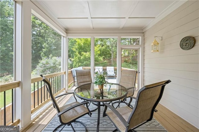 4108 Wyndam Hill Dr, Suwanee, GA 30024 - sunroom / solarium featuring outdoor dining area, hardwood / wood-style flooring, coffered ceiling, and wooden walls