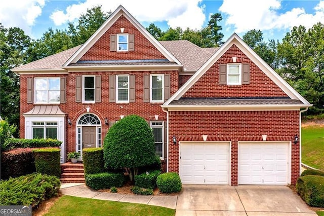 4108 Wyndam Hill Dr, Suwanee, GA 30024 - colonial inspired home with brick siding, driveway, roof with shingles, and a garage