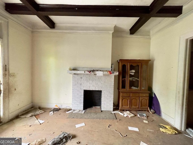 1058 Crescent Ave, Macon, GA 31204 - unfurnished living room featuring beamed ceiling, coffered ceiling, a brick fireplace, and ornamental molding