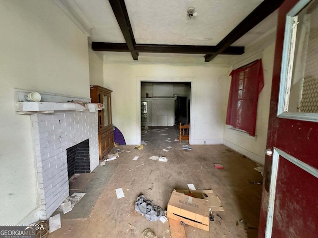 1058 Crescent Ave, Macon, GA 31204 - unfurnished living room featuring beamed ceiling, a fireplace, and coffered ceiling