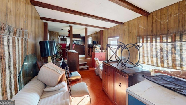 85 Lang Cir, Covington, GA 30014 - home office with wood walls, beamed ceiling, and carpet