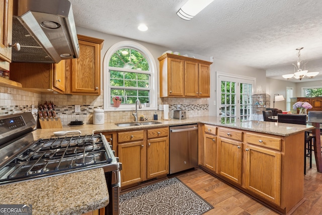 1679 Summit Place Way, Loganville, GA 30052 - kitchen with stainless steel appliances, under cabinet range hood, a peninsula, a sink, and plenty of natural light