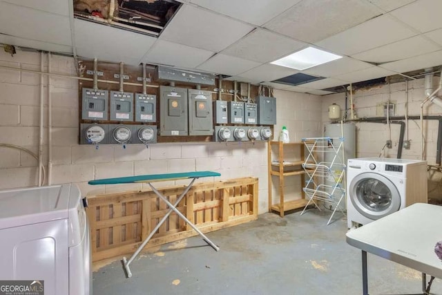 1111 Clairemont Ave Unit N3, Decatur, GA 30030 - laundry room with concrete block wall, washer and clothes dryer, and electric panel