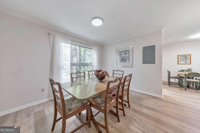 1111 Clairemont Ave Unit N3, Decatur, GA 30030 - dining room with ornamental molding, electric panel, light wood-style floors, and baseboards